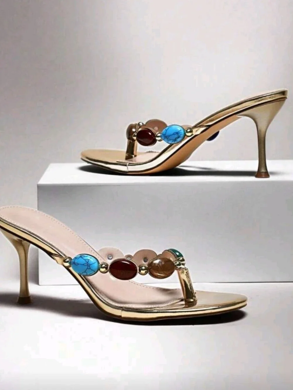 Women Gemstone Decor Stiletto Everyday Vintage Sexy Beach Elegant PU Gold